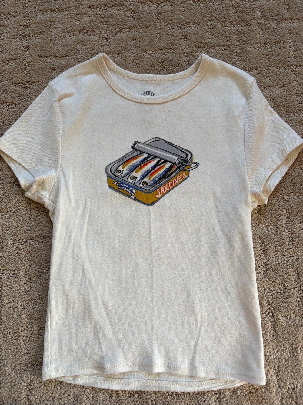 Urban Outfitters Cream Graphic Tee with Sardine Can Art